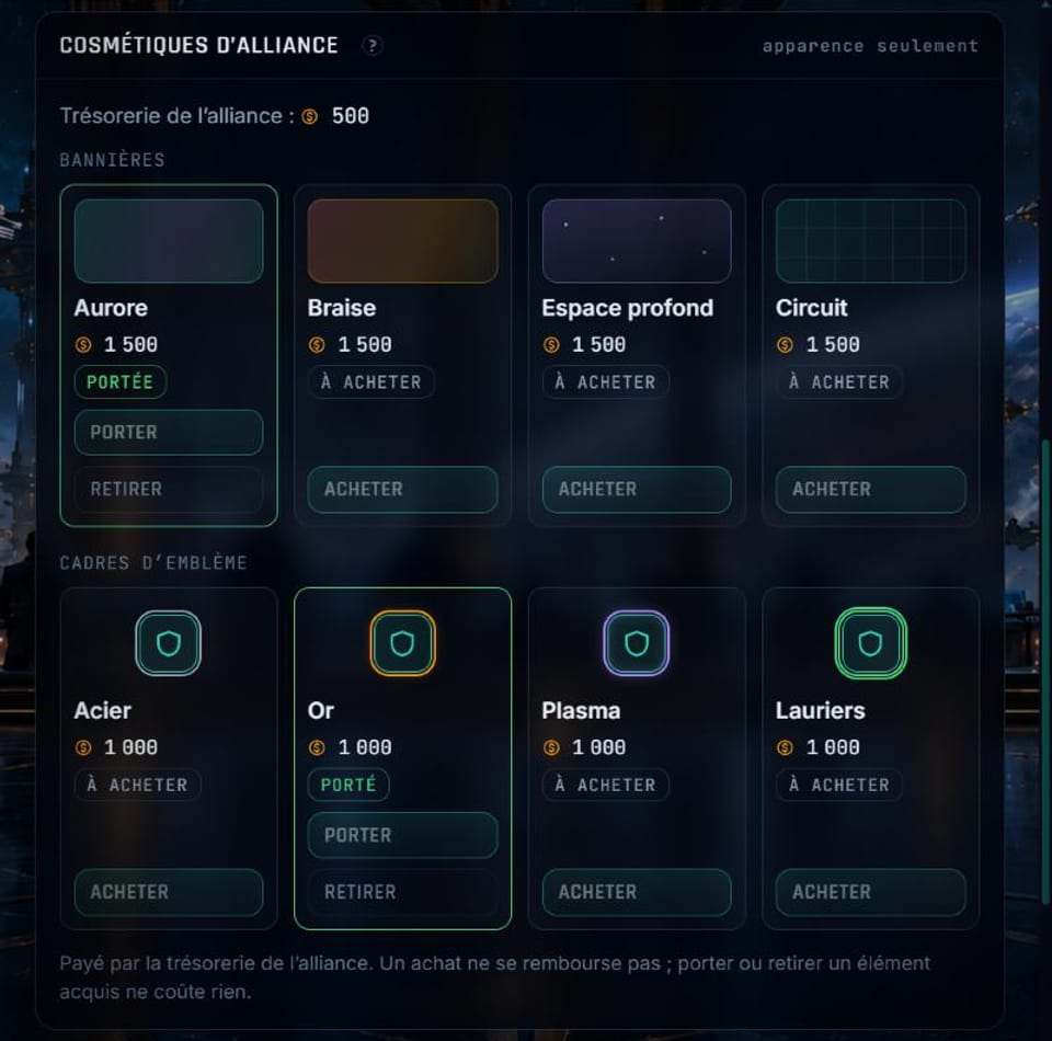 Alliance cosmetics: four banners and four emblem frames, paid for by the treasury
