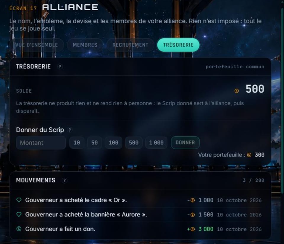 The Treasury tab: the shared balance, the Scrip donation and the ledger of movements