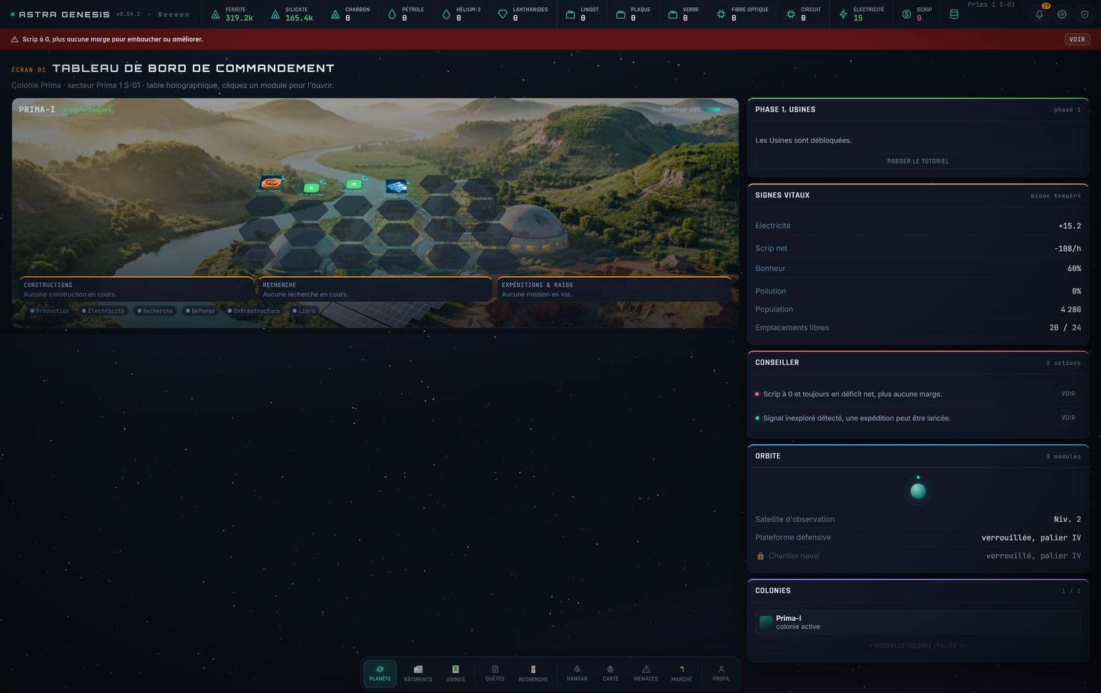 Avant le rework : tableau de bord encadré de la v0.59.2, bâtiments épars sur la table holographique