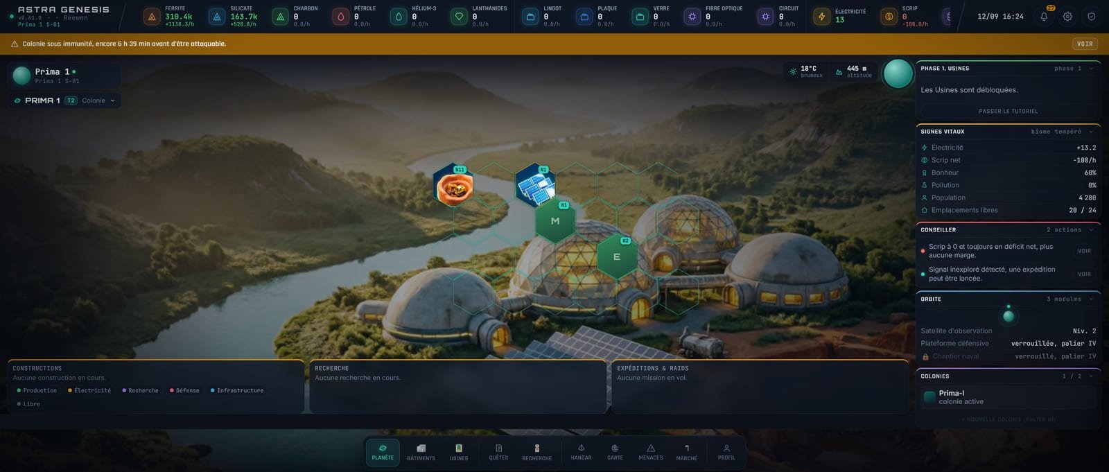 Le même écran aujourd'hui (v0.61.0) : nid d'abeille de 24 emplacements, spotlight radial, chips météo/altitude, panels repliables.