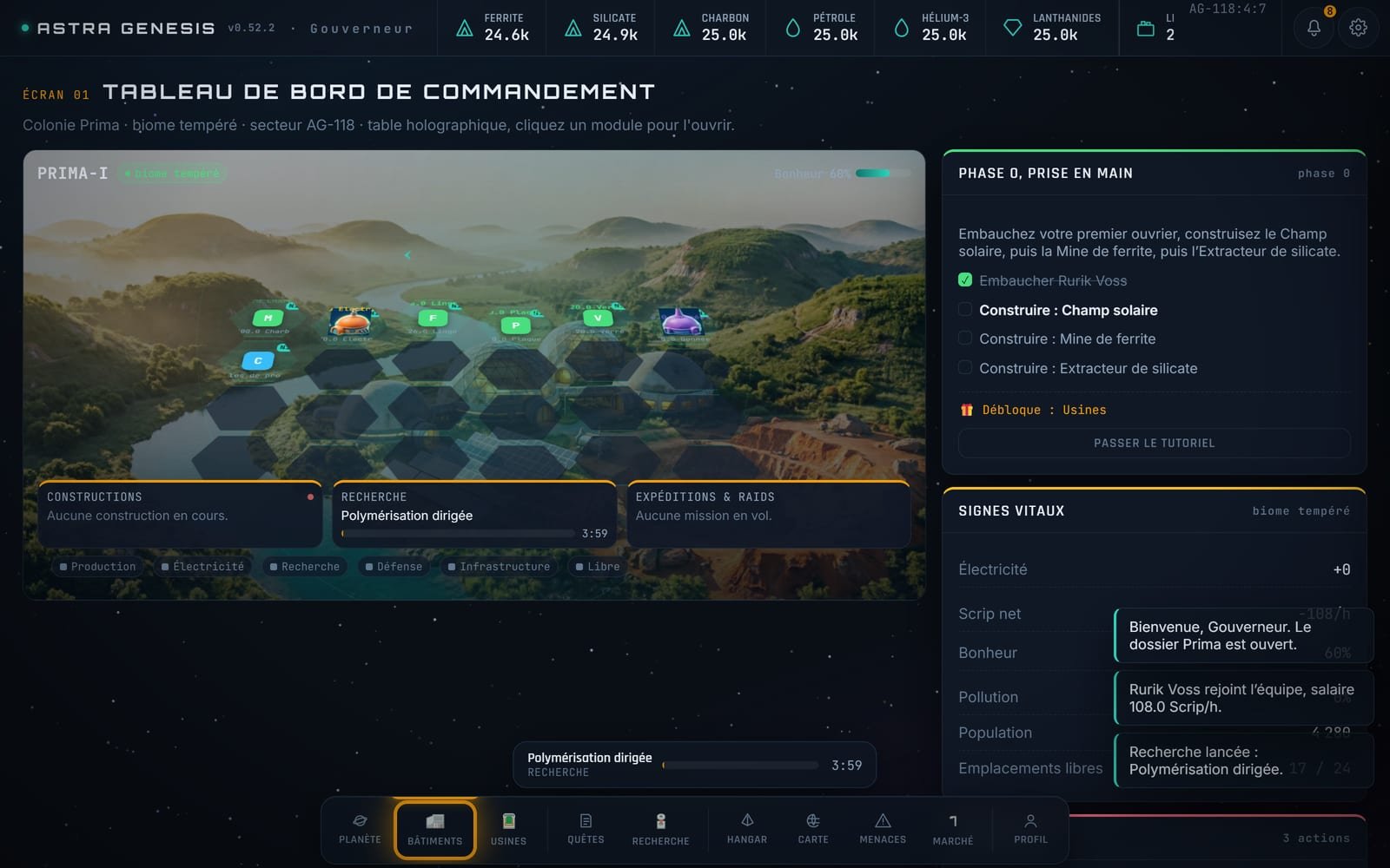 The colony dashboard: every hexagon is a building actually constructed, and the right-hand panel holds the vital signs.